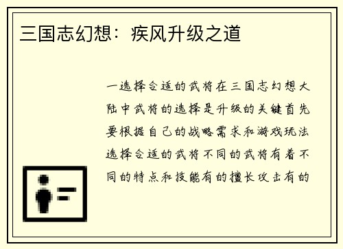 三国志幻想：疾风升级之道