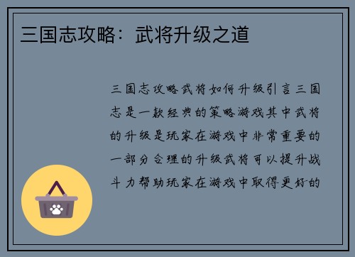 三国志攻略：武将升级之道